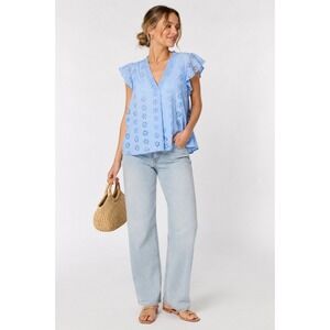 CeCe Blue Floral Eyelet Embroidered Flutter Sleeve Blouse Women Small Boho